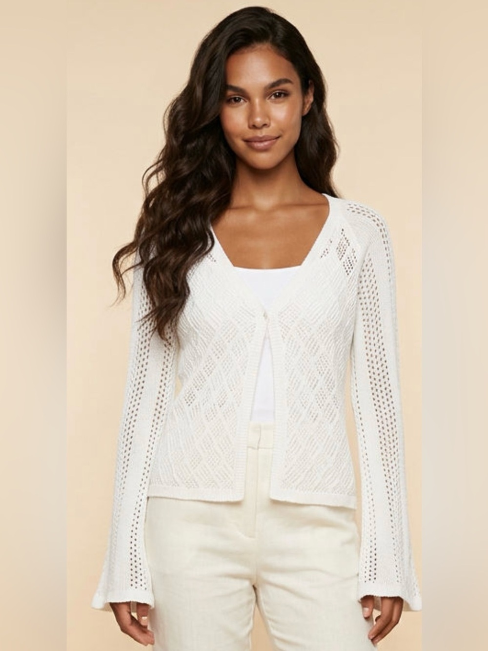 Women's Openwork V-Neck Cardigan Sweater - White
